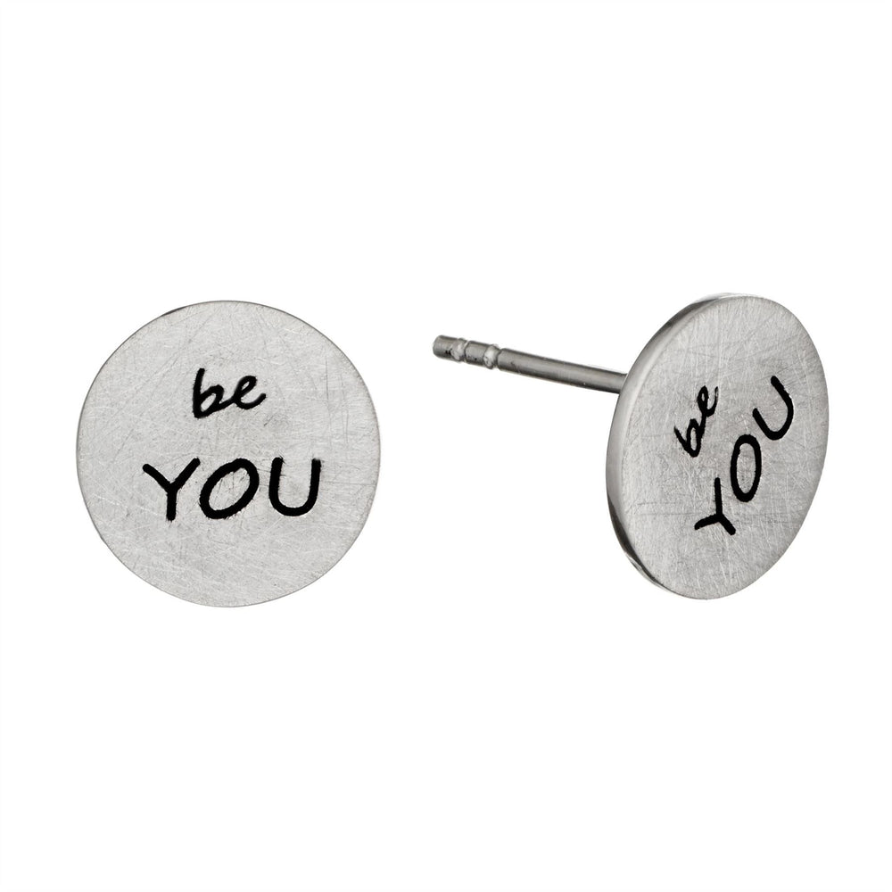 Sterling Silver Matte Round Disc "Be You" Stud Earrings Quote Studs