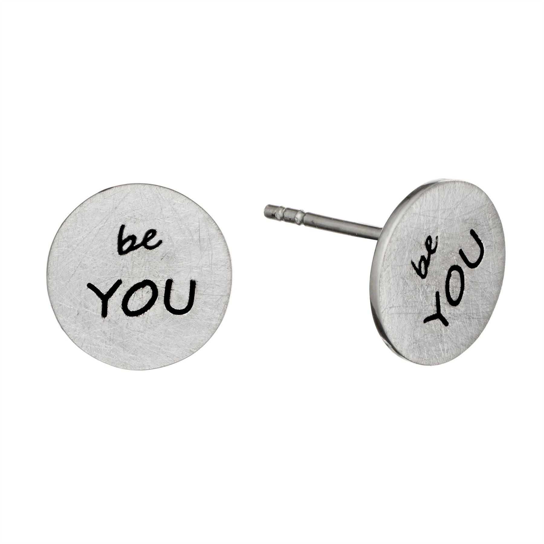 Sterling Matte Round Disc "Be You" Stud Earrings Quote Studs