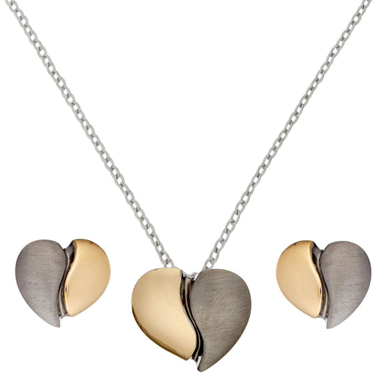 Gold Plated Sterling Silver Brushed Two Tone Half Heart Jewellery Set