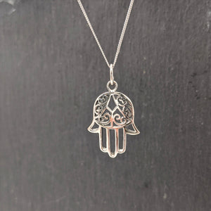 
                  
                    Sterling Silver Cut-Out Filigree Hamsa Fatima Hand Pendant Necklace
                  
                