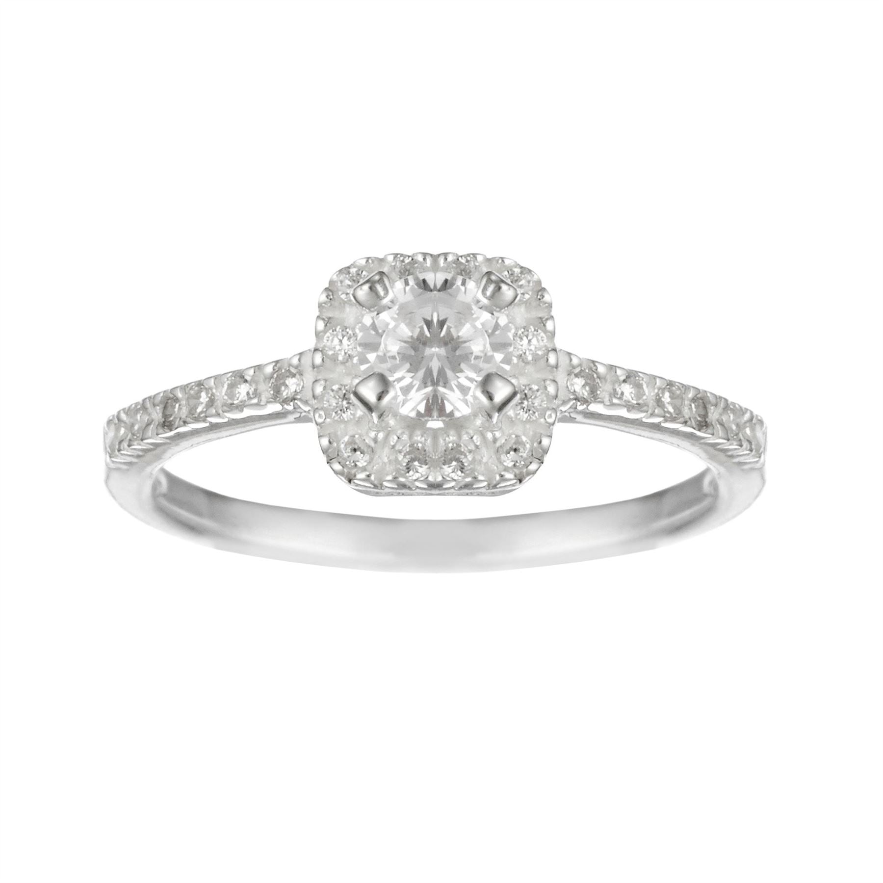 Sterling Square Cubic Zirconia Halo Shoulder Set Solitaire Ring