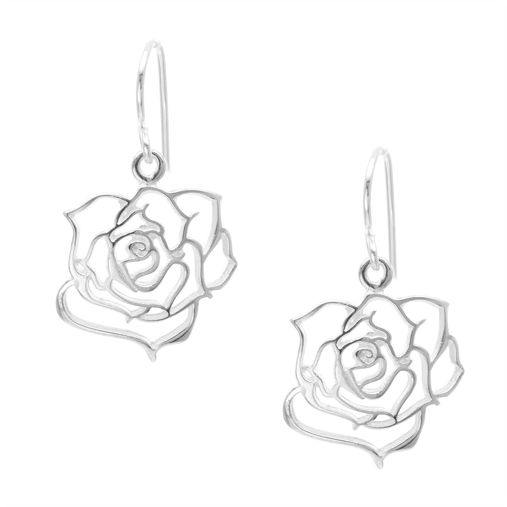 Sterling Silver Cut-Out Rose Flower Dangle Earrings Vintage Style