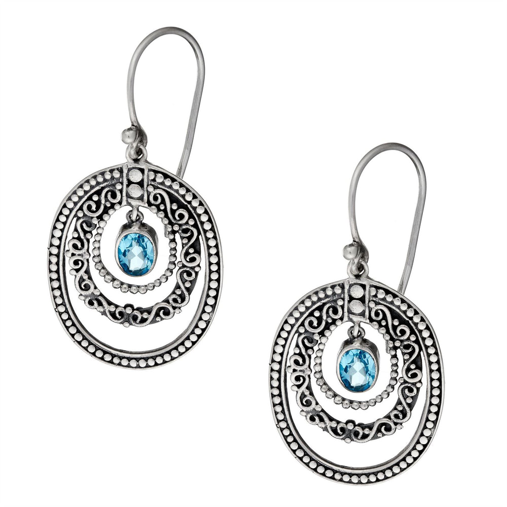 Sterling Silver Blue Topaz Oval Filigree Dangle Earrings Antique Style