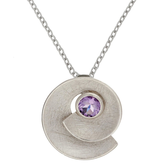 Sterling Silver Amethyst Chain Necklace Round Spiral Seashell Pendant