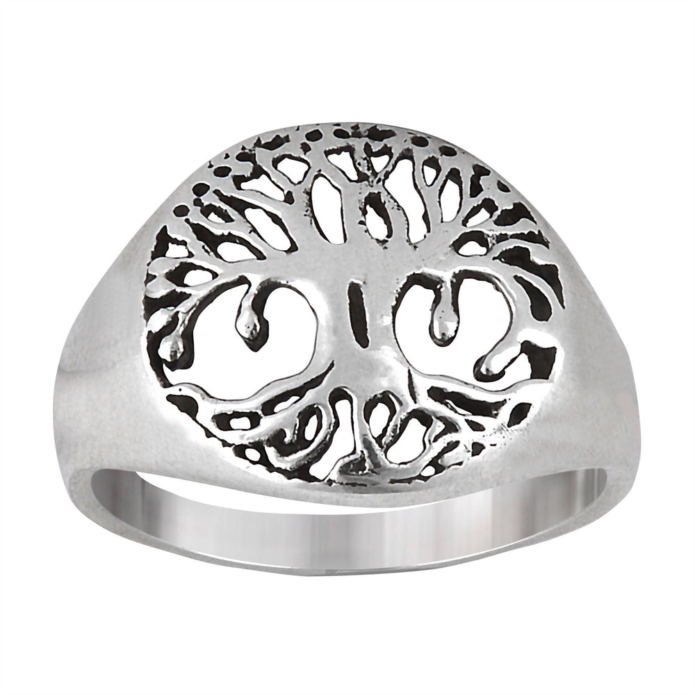 Sterling Silver Celtic Cut-Out Tree of Life Round Signet Ring