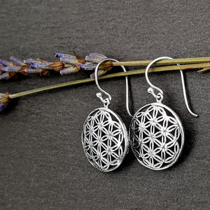 
                  
                    Sterling Silver Round Disc Flower Of Life Mandala Dangle Earrings
                  
                