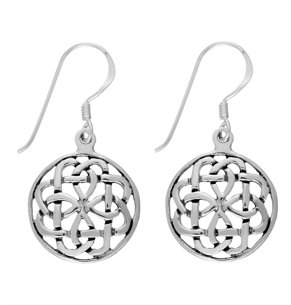 Sterling Silver Round Disc Celtic Quaternary Knot Dangle Hook Earrings