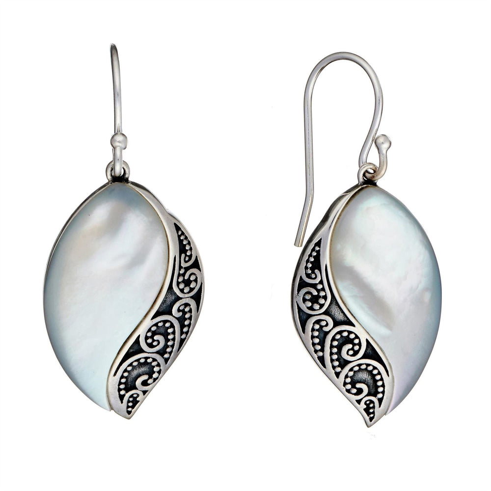 Sterling Silver Mother of Pearl Filigree Marquise Dangle Earrings