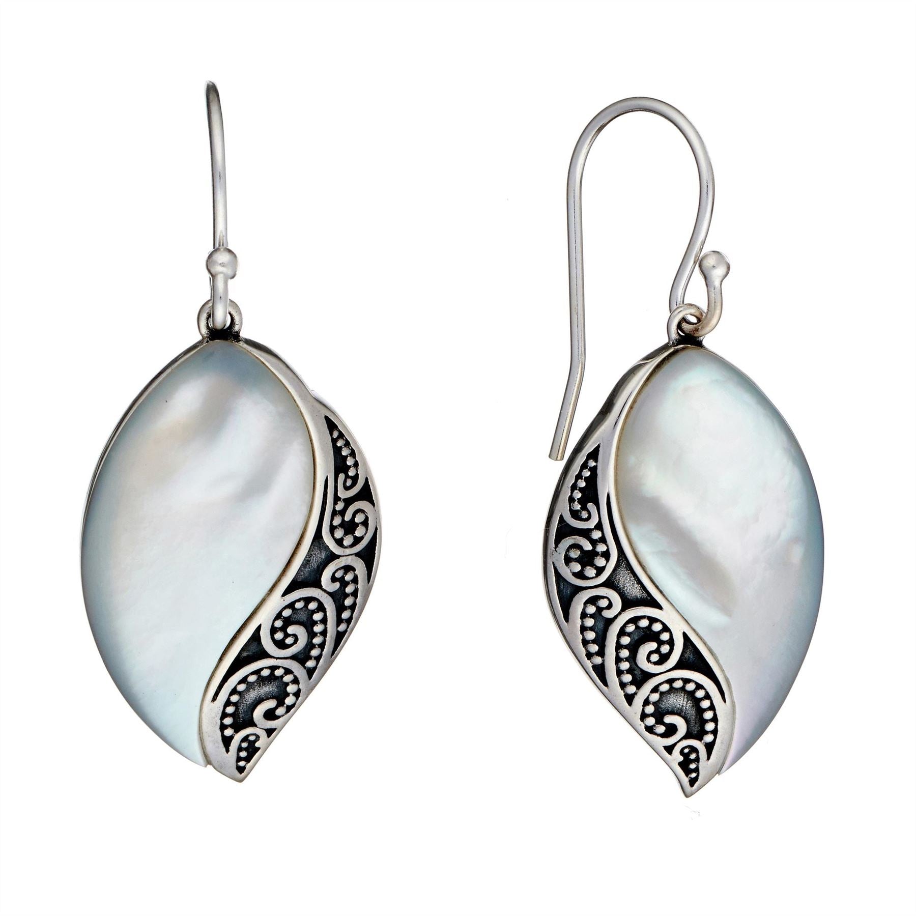Sterling Mother Pearl Filigree Teadrop Dangle Earrings