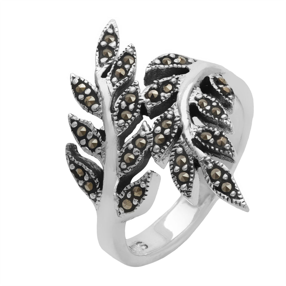 
                  
                    Sterling Silver Marcasite Art Nouveau Style Overlapping Leaf Vine Ring
                  
                