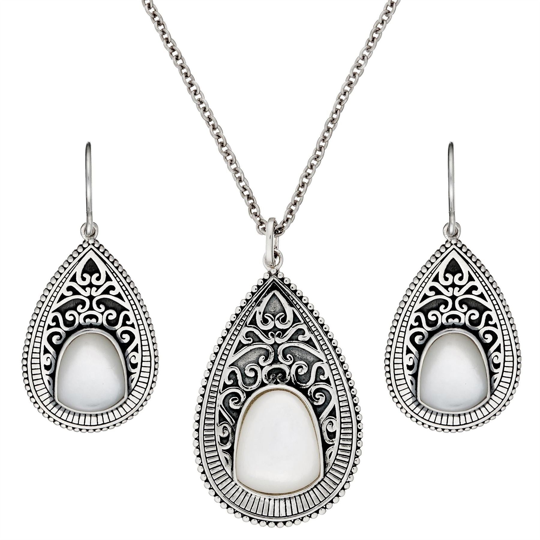 Sterling Pear Mother Pearl Filigree Teardrop Jewellery Set