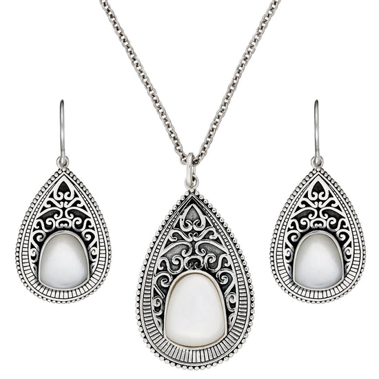 Sterling Silver Pear Mother of Pearl Filigree Teardrop Jewellery Set