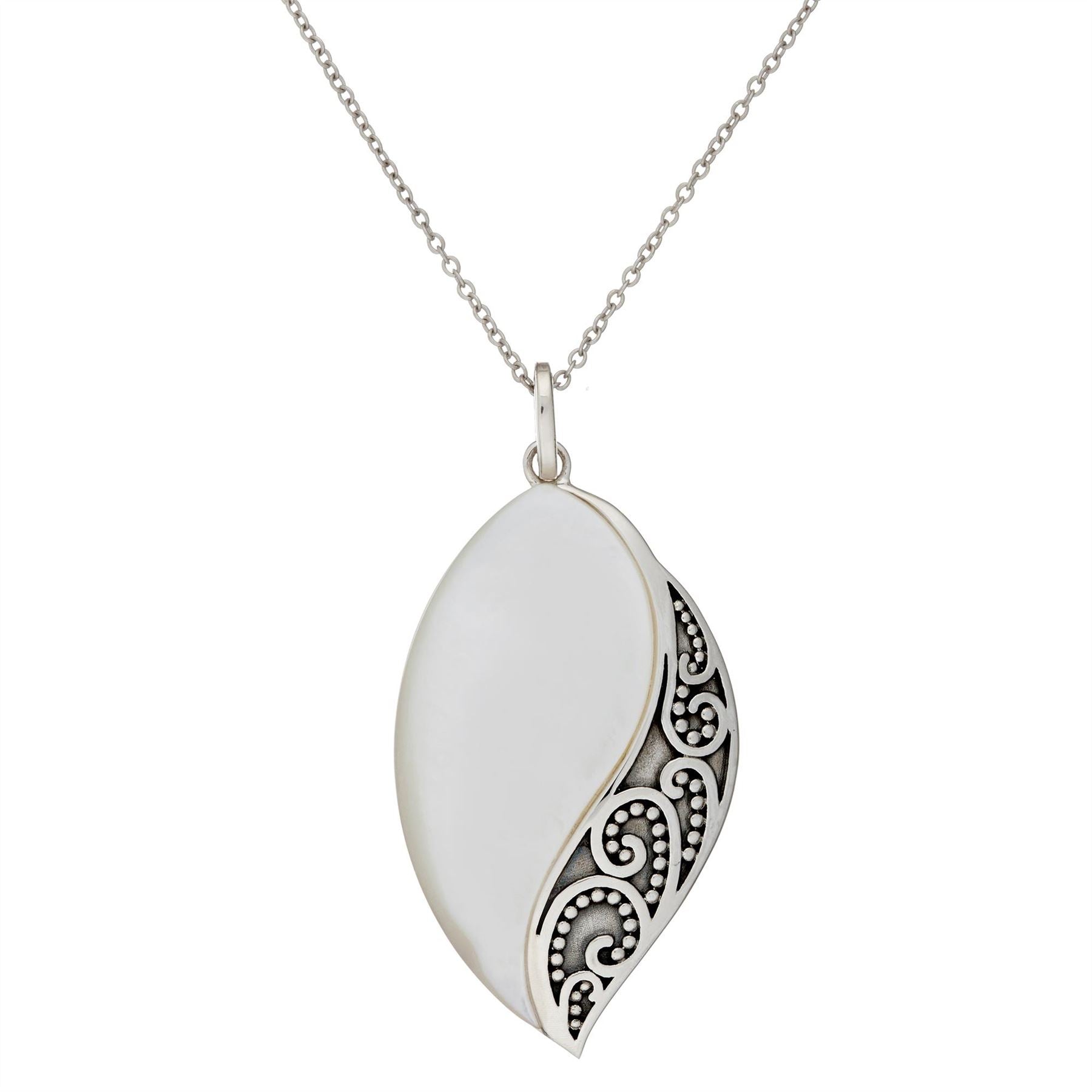 Sterling Mother Pearl Filigree Teardrop Pendant Necklace