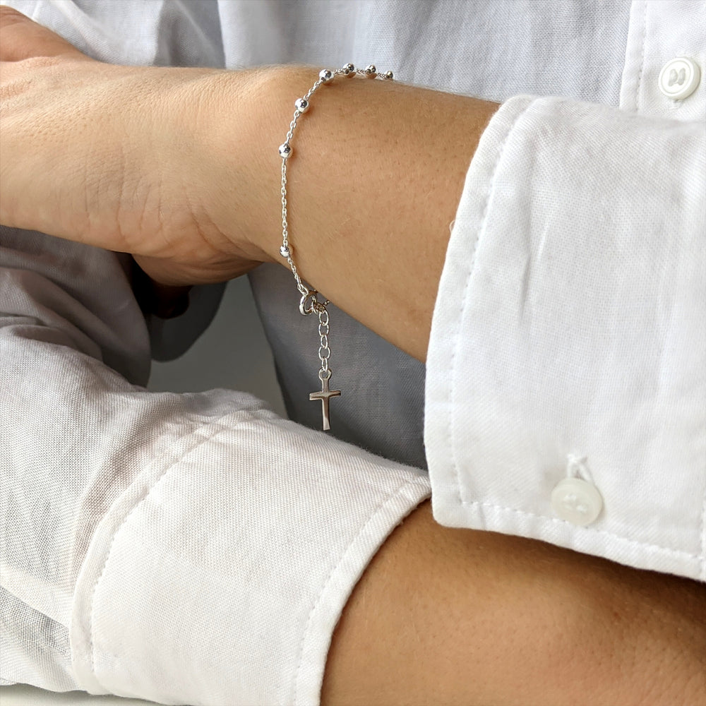 
                  
                    Sterling Silver Rosary Cross Beaded Ball Cable Chain Link Bracelet
                  
                