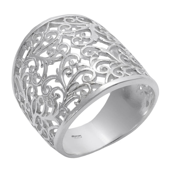 Sterling Silver Wide Filigree Swirl Vine Ring - Silverly