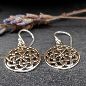 
                  
                    Sterling Silver Round Disc Celtic Quaternary Knot Dangle Hook Earrings
                  
                