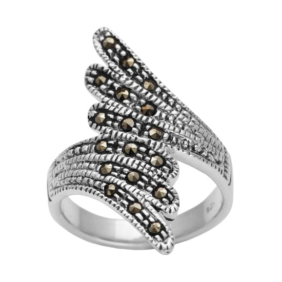 Sterling Silver Marcasite Statement Vintage Style Wrap Feather Ring
