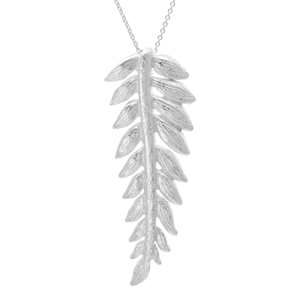 Sterling Silver Satin Finish Large Long Leaf Plant Pendant Necklace