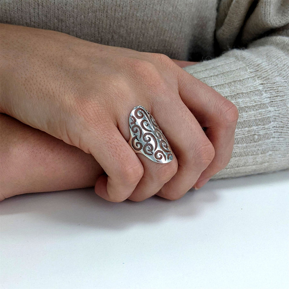 
                  
                    Sterling Silver Statement Filigree Armour Ring Spiral Cut-Out Pattern
                  
                