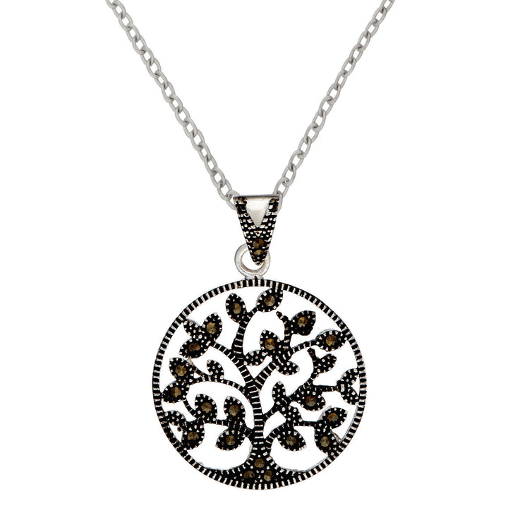 Sterling Silver Marcasite Circle Tree Of Life Pendant Necklace - Silverly