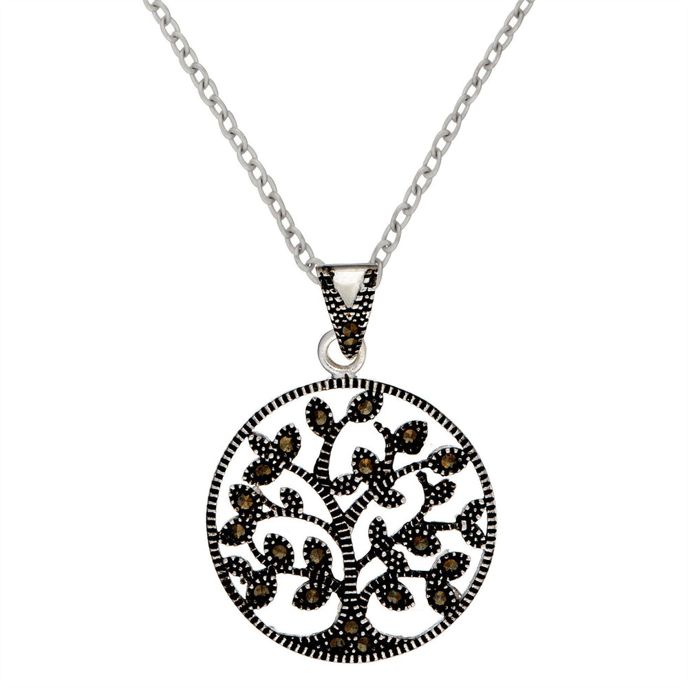 Sterling Silver Marcasite Circle Tree Of Life Pendant Necklace - Silverly