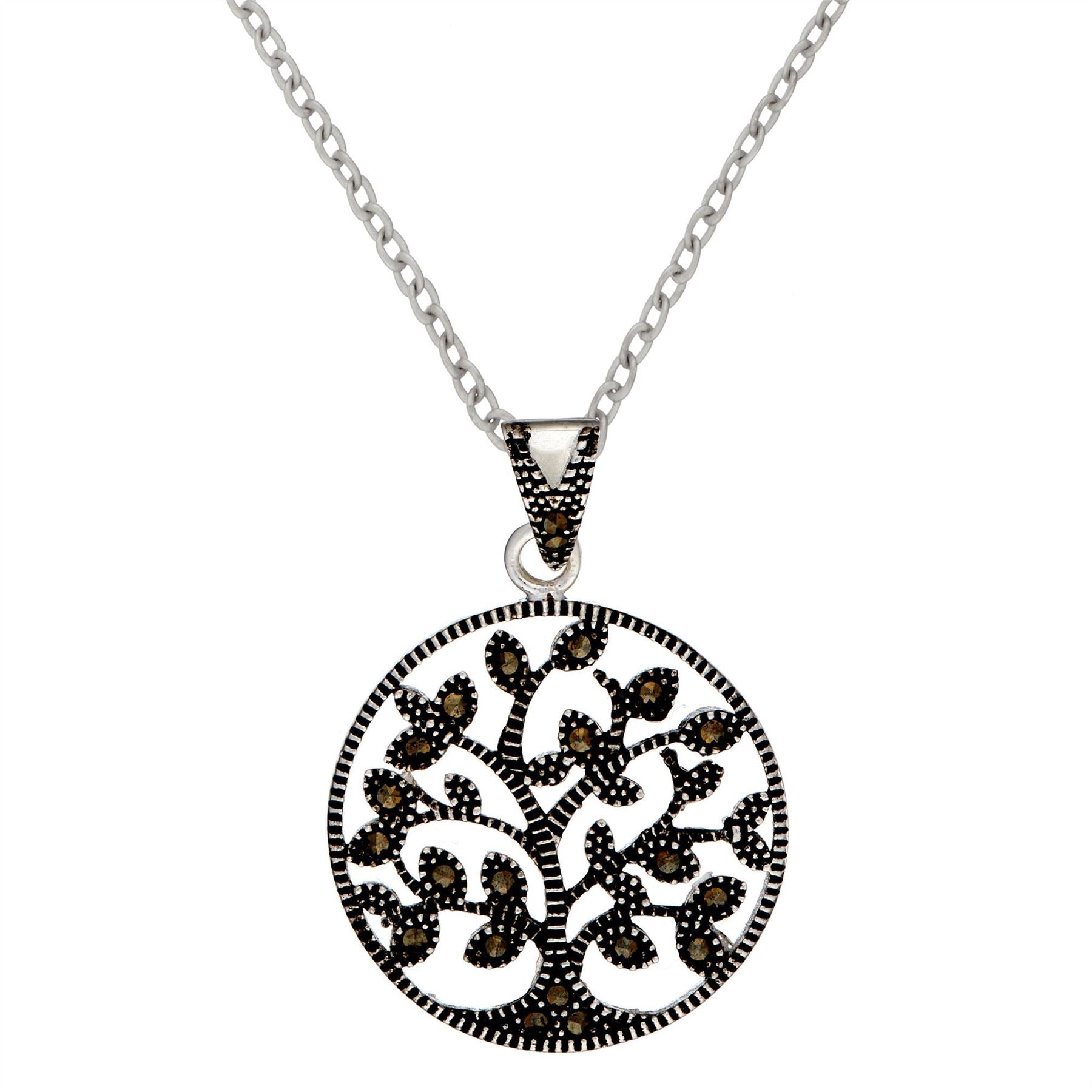 Sterling Marcasite Round Tree Life Pendant Necklace Wiccan Style