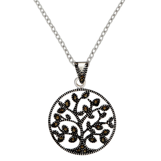 Sterling Silver Marcasite Round Tree of Life Pendant Wiccan Necklace
