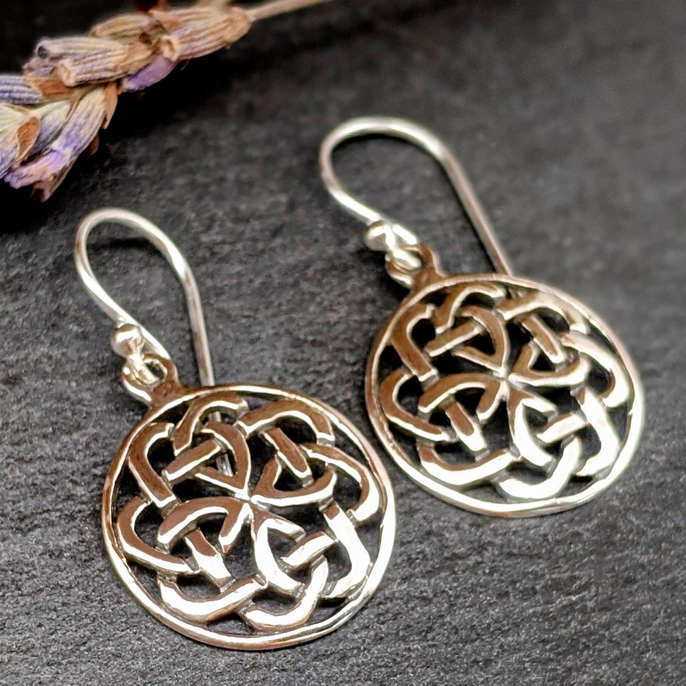 
                  
                    Sterling Silver Round Disc Celtic Quaternary Knot Dangle Hook Earrings
                  
                