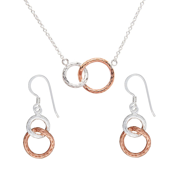 Rose Gold Plated Sterling Silver Hammered Double Circle Jewellery Set