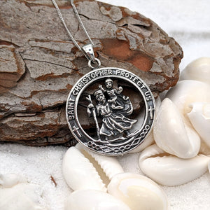 
                  
                    Sterling Silver Large Round Detailed St Christopher Pendant Necklace
                  
                