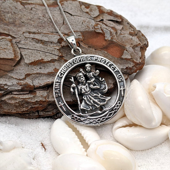 Sterling Silver Large Round Detailed St Christopher Pendant Necklace