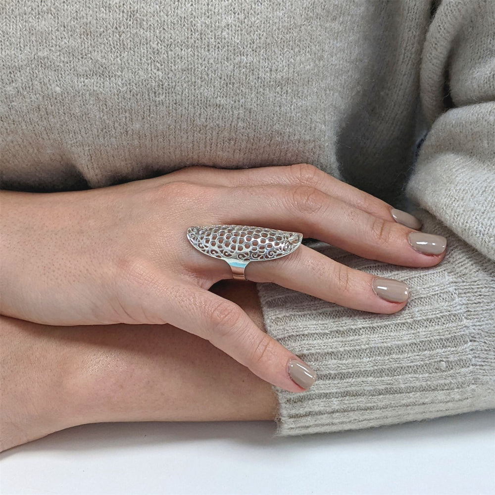 
                  
                    Sterling Silver Long Half-Finger Filigree Honeycomb Armour Ring
                  
                