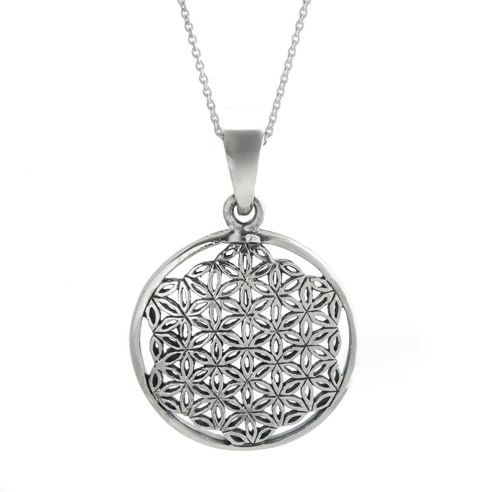 Sterling Silver Round Disc Shaped Flower Of Life Pendant Necklace