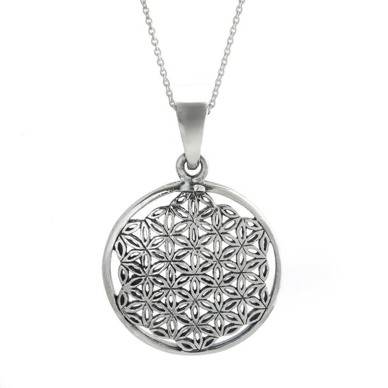 Sterling Silver Round Disc Shaped Flower Of Life Pendant Necklace