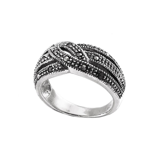 Sterling Silver Wide Intertwined Crossover Art Deco Marcasite Ring