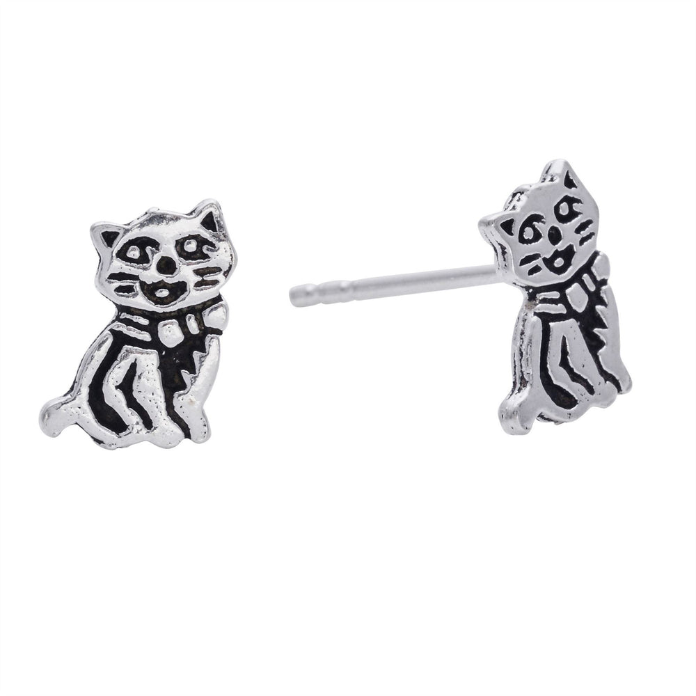 Sterling Silver Smiling Cat With Bow Stud Earrings Small Studs