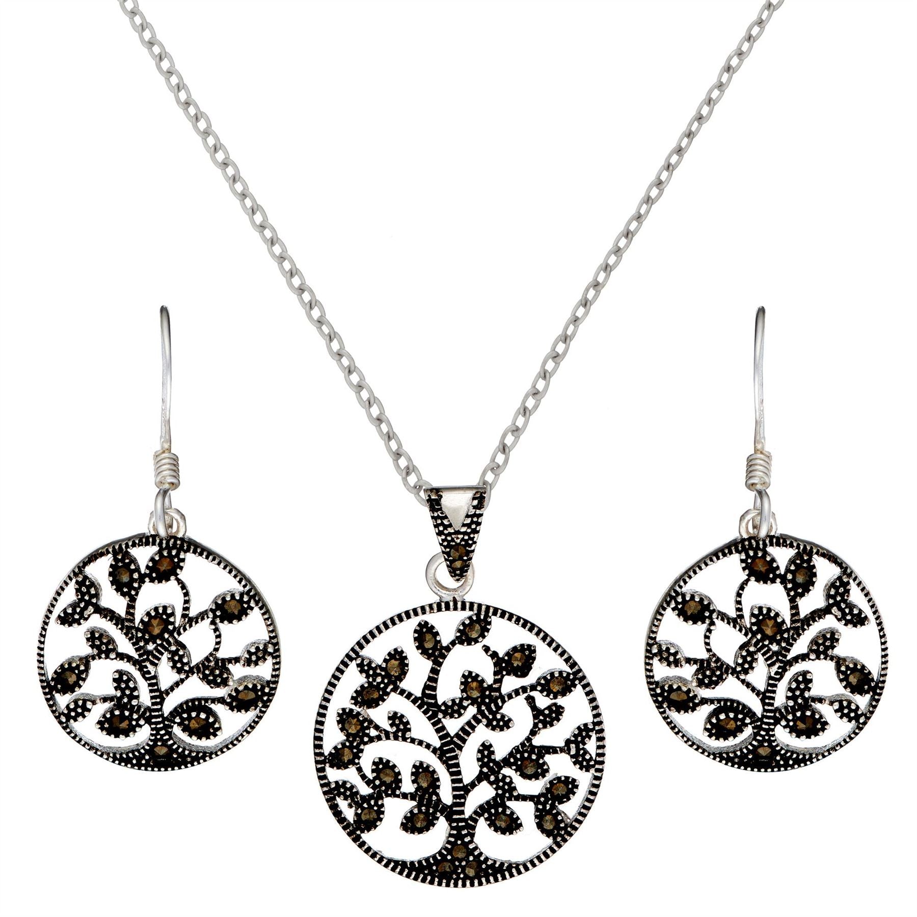 Sterling Marcasite Round Tree Life Jewellery Set Wiccan Style