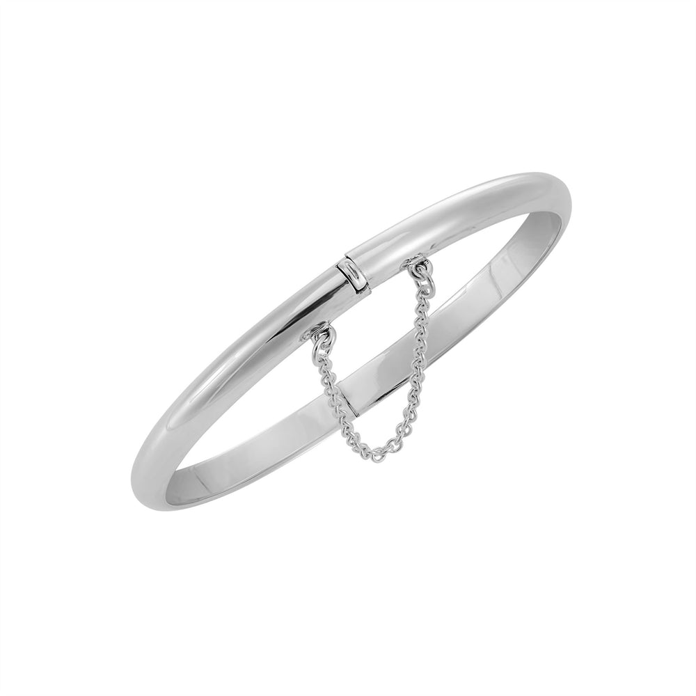 Sterling Silver Classic Hinged Bangle With Chain Curved Flat Band