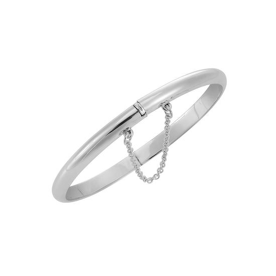 Sterling Silver Classic Hinged Bangle With Chain Curved Flat Band