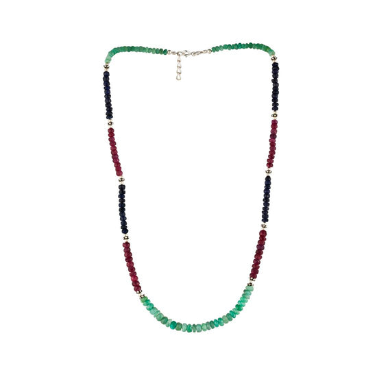 Sterling Silver Ruby Emerald Sapphire Gemstone Beaded Strand Necklace