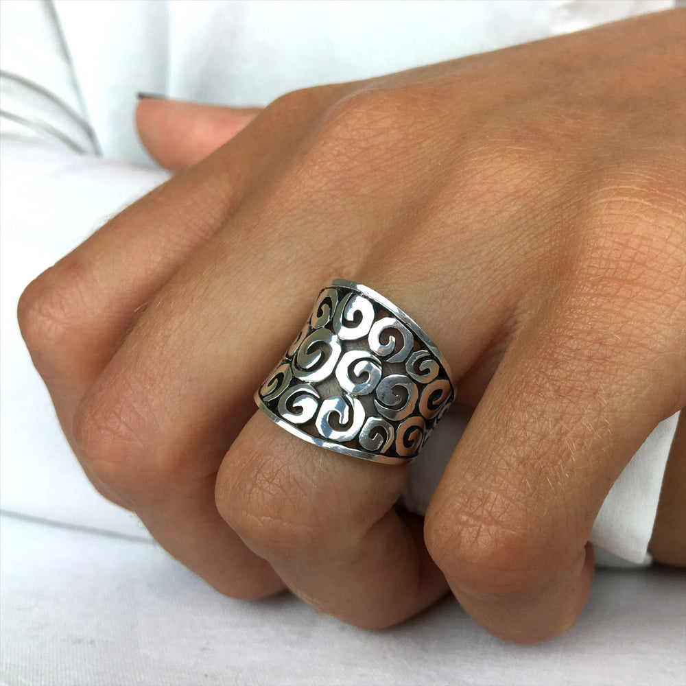 
                  
                    Sterling Silver Cut-Out Spiral Swirl Filigree Ring Wide Concave Band
                  
                