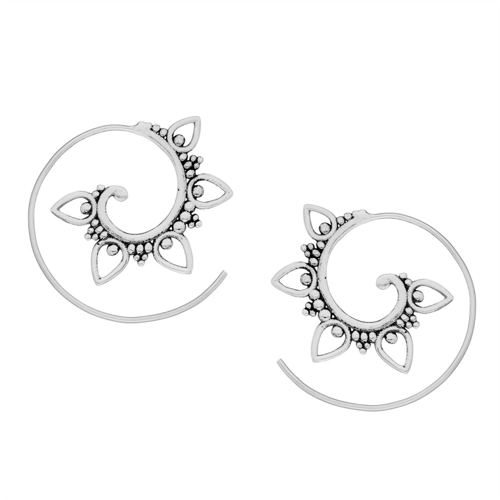 Sterling Silver Flower Lotus Rawa Dotwork Spiral Threader Earrings